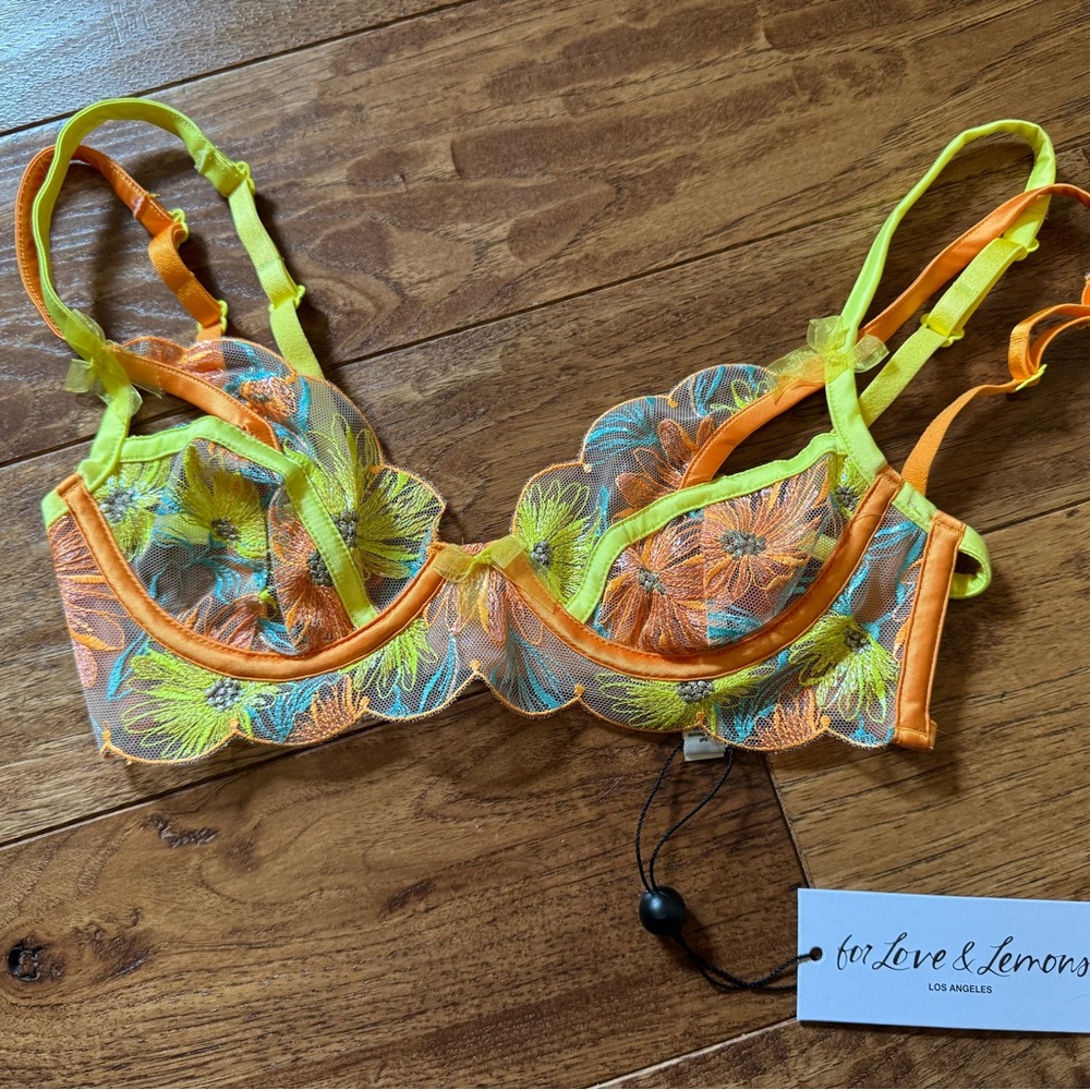 For Love And Lemons Orange Yellow Waterlily Bra with Underwire, Size XXS